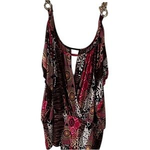 SELE’ size 1X pink & black print faux wrap sleeveless top gold chain straps